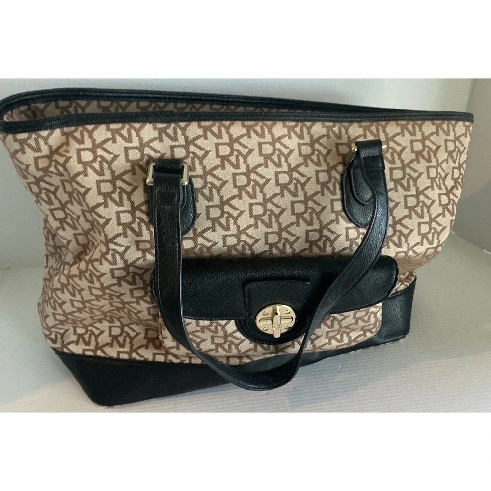 DKNY Tote Bag Monogram Logo Canvas Black Leather Trim Large Shoulder Bag Handbag